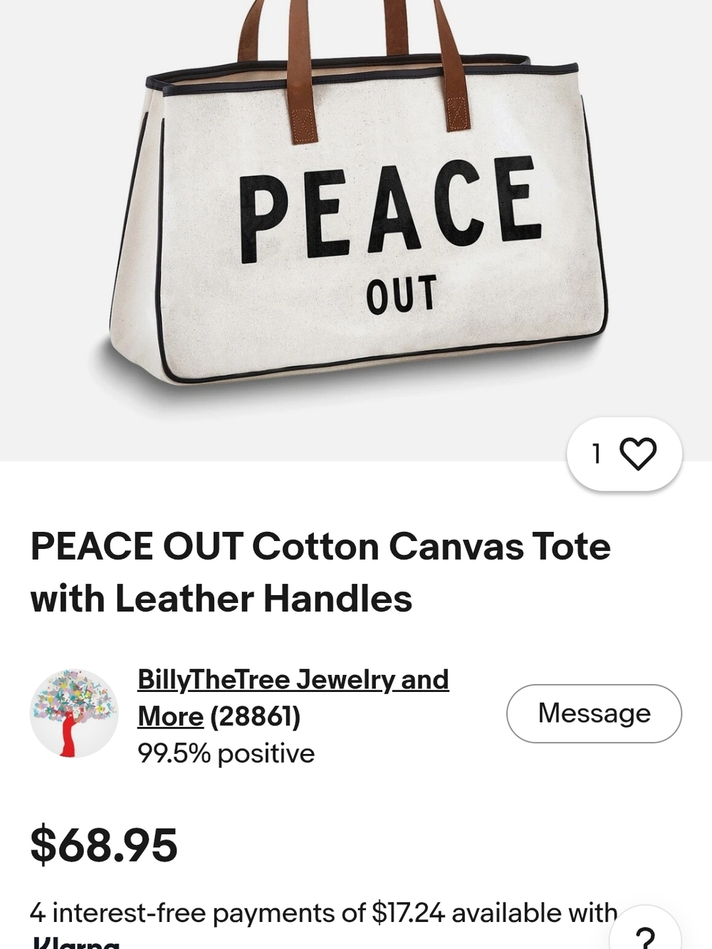 Peace Out Canvas Tote with Leather Handles NWOT